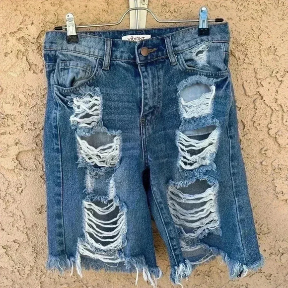 Vibrant Pants - Vibrant Shorts Women 's Size Small Blue Distressed Capri